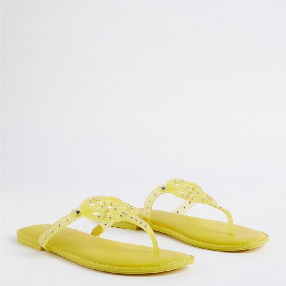 BOGO Yellow stud Medallion T Strap Jelly Sandals Mules Slides Flats Slip-on
